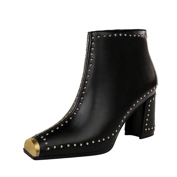 retro booties women rivet high heels square head punk shoes faux leather black ankle boots female short plush winter footwear
retro booties women rivet high heels square head punk shoes faux leather black ankle boots female short plush winter footwear