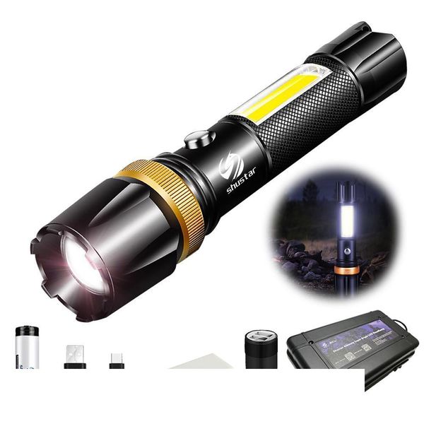 Super Bright Waterproof Led Flashlight With Cob Side Light Rotary Zoom 3 Lighting Modes Powered By 18650 Battery For Camping