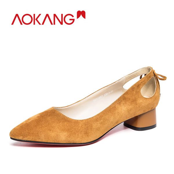 aokang women shoes genuine leather sheepskin shoes woman pointed casual women sweet mid chunky heel sandals, Black
