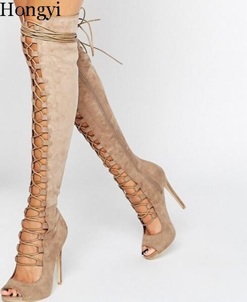 hongyi luxury black taupe suede lace-up strappy over the knee boots peep toe cut-out gladiator sandals boots women high heels
hongyi luxury black taupe suede lace-up strappy over the knee boots peep toe cut-out gladiator sandals boots women high heels