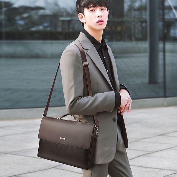 new- briefcase luxury messenger handbags male lapbag office black brown leather handbags men briefcase