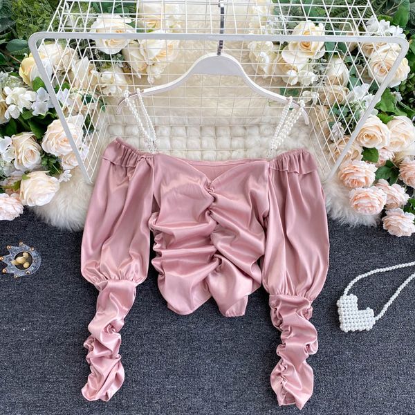 women's blouses & shirts singrain pearl strap women shirt korean fashion ruched slash neck long sleeve short elegant off shoulder, White
women's blouses & shirts singrain pearl strap women shirt korean fashion ruched slash neck long sleeve short elegant off shoulder, White