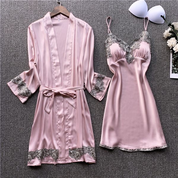 autumn women nightgown sets 2 pieces nightdress bathrobe with chest pad female satin kimono bath gown sleepwear pink robes suit, Black;red 
autumn women nightgown sets 2 pieces nightdress bathrobe with chest pad female satin kimono bath gown sleepwear pink robes suit, Black;red