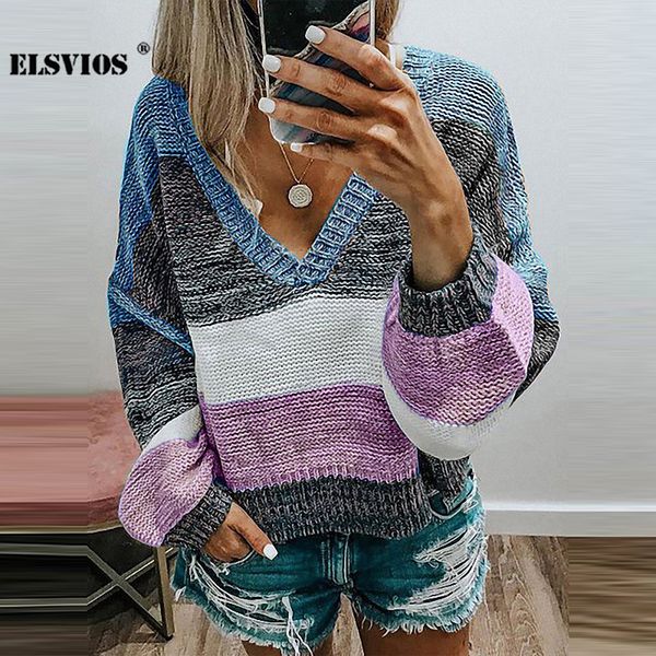 sweater women fall winter casual v neck patchwork knitted sweater fashion loose striped pullover elegant sweet warm, White;black 
sweater women fall winter casual v neck patchwork knitted sweater fashion loose striped pullover elegant sweet warm, White;black