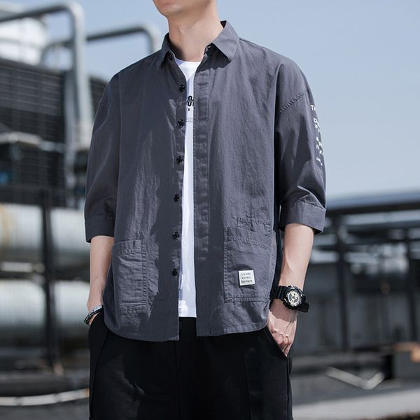 summer new cropped sleeve shirt coat men's korean style loose handsome trendy short sleeve shirt coat kikge, Blue