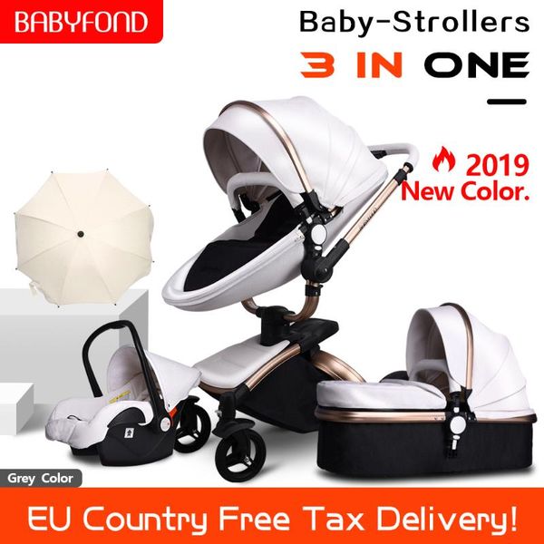 2020 New With Umbrella Babyfond 3 In 1 Cart Two-way Folding Four-wheel Leather Aluminum Frame Folding Baby Stroller Newborn