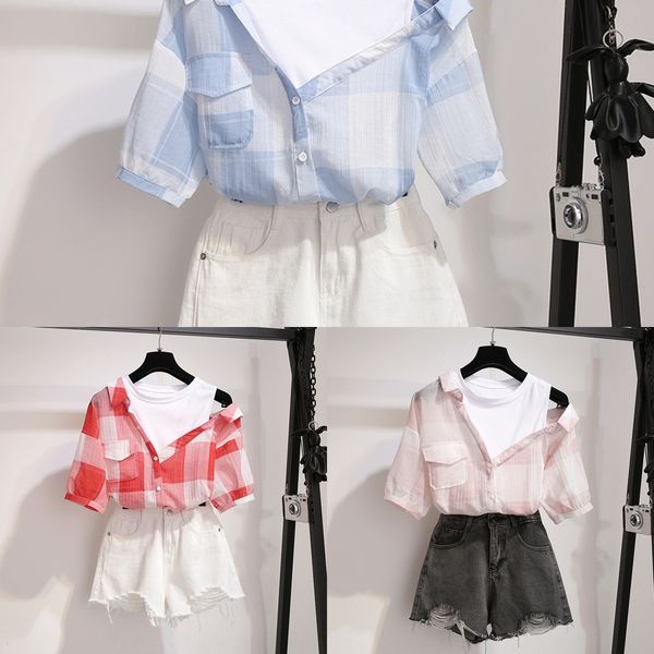 fake two-piece plaid women's short sleeve 2020 spring korean style looseshoulder irregular cross-shoulder shirt student shirt xvo7m, Gray
fake two-piece plaid women's short sleeve 2020 spring korean style looseshoulder irregular cross-shoulder shirt student shirt xvo7m, Gray