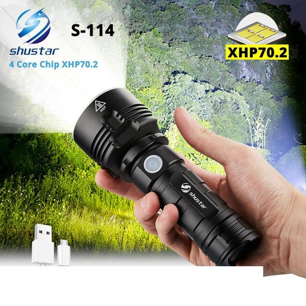 4 Core Xhp70.2 Led Flashlight Waterproof Torch Tactical Camping Hunting Light 3 Lighting Modes Powered By 26650 Battery