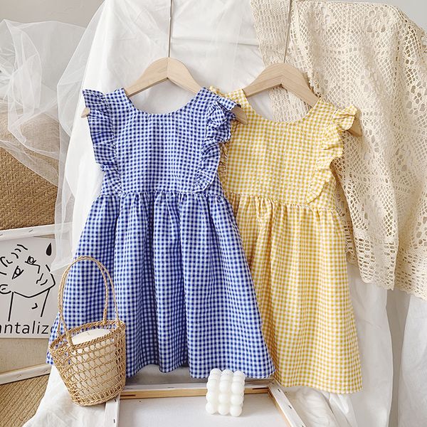 girl's dresses 2021 summer girls fashion plaid dress kids the waist for, Red;yellow 
girl's dresses 2021 summer girls fashion plaid dress kids the waist for, Red;yellow