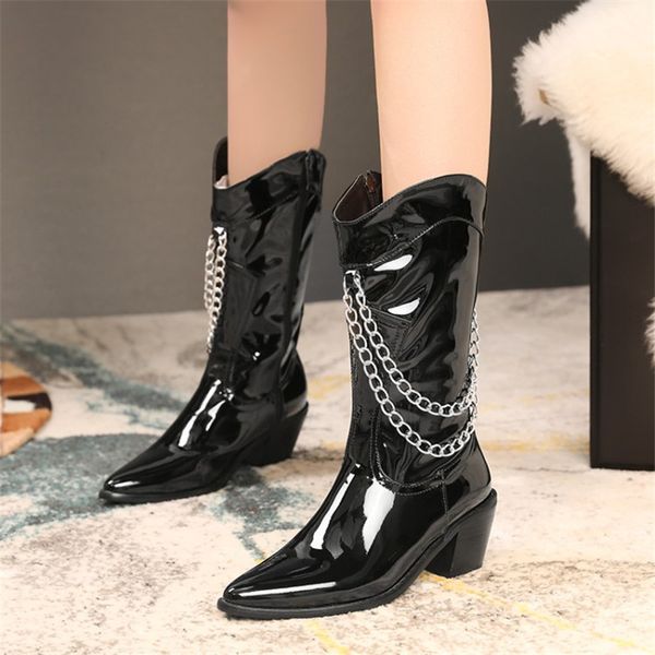 pxelena plus size patent leather mid calf boots chain pointed toe chunky high heels motorcycle biker boots woman western cowboy, Black
pxelena plus size patent leather mid calf boots chain pointed toe chunky high heels motorcycle biker boots woman western cowboy, Black