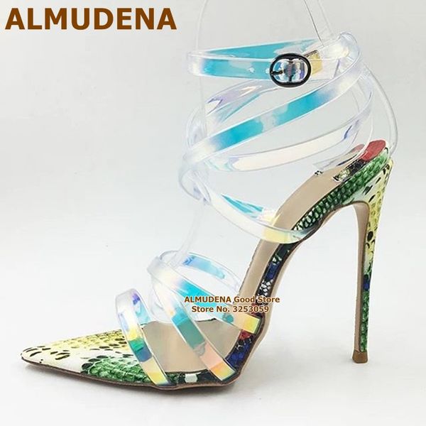 almudena hologram iridescent clear pvc sandals transparent cross strappy caged high heels multi snakeksin patchwork party shoes, Black