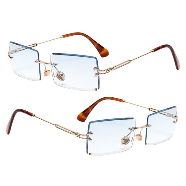 2x rectangle cut rimless sunglasses designer tinted lens eyewear light blue, White;black 
2x rectangle cut rimless sunglasses designer tinted lens eyewear light blue, White;black
