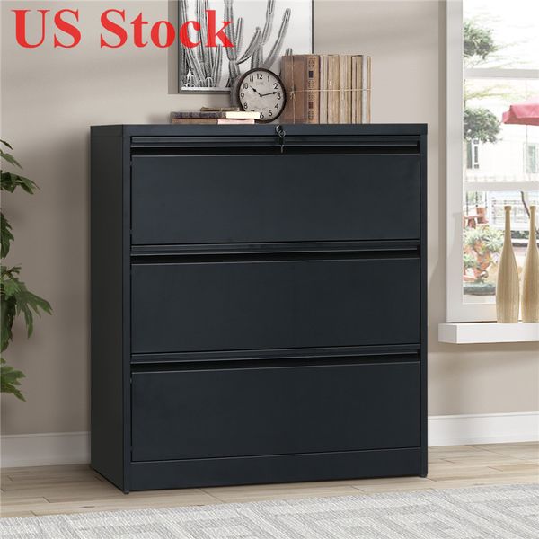 Us Stock Black 3 Drawer Heavy-duty Lateral File Cabinet Size 35.4w 17.7d 40.3h Wf192115baa
