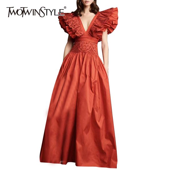 twotwinstyle lace patchwork ruffle dress for women v neck sleeveless high waist maxi dresses female 2020 summer fashion new c200919, Black;pink
twotwinstyle lace patchwork ruffle dress for women v neck sleeveless high waist maxi dresses female 2020 summer fashion new c200919, Black;pink