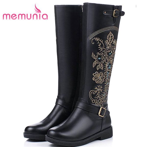 memunia big size 33-40 2020 new fashion embroider genuine leather+pu boots round toe knee high boots for women zip winter, Black