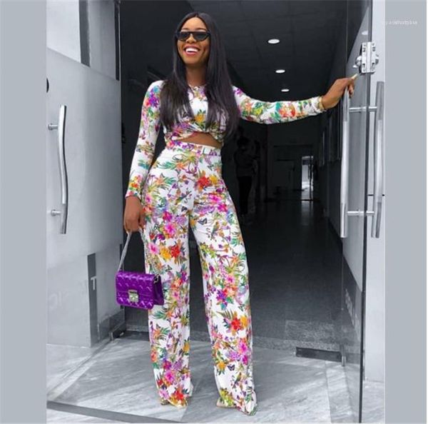 print ladies two piece sets womens clothing crew neck designer womens two piece pants fashion floral, White