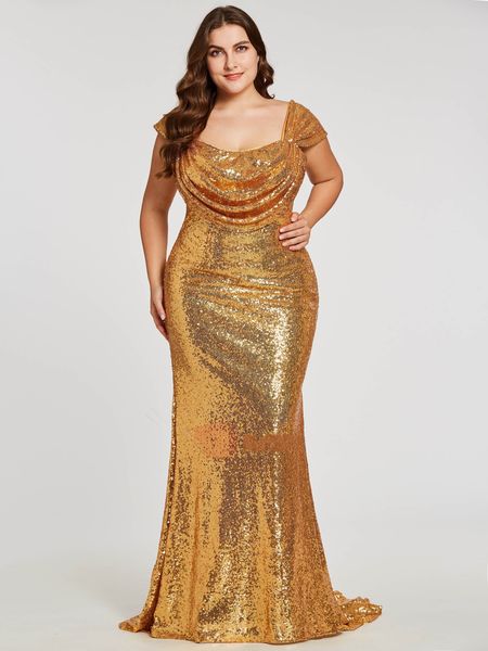 

Sparkly Gold Sequined Plus size Evening Prom Dress Square Neck 2020 Mermaid Zipper Back Floor Length Ruched New Pageant Dress