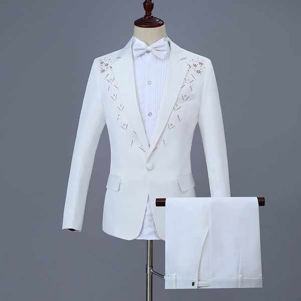 men's suits & blazers groom wedding white rhinestone suit sets male banquet evening dinner formal blazer jacket with pants party dress, White;black
men's suits & blazers groom wedding white rhinestone suit sets male banquet evening dinner formal blazer jacket with pants party dress, White;black