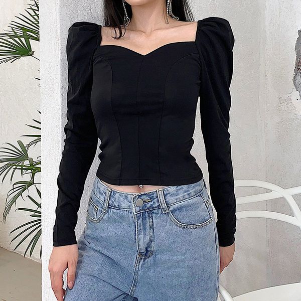women's t-shirt women long sleeve elegant puff v neck solid color slim fit tee autumn classic, White
women's t-shirt women long sleeve elegant puff v neck solid color slim fit tee autumn classic, White