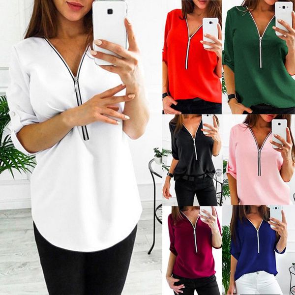 women's blouses & shirts zipper short sleeve women v neck solid casual tee shirt female clothes plus sizes, White
women's blouses & shirts zipper short sleeve women v neck solid casual tee shirt female clothes plus sizes, White