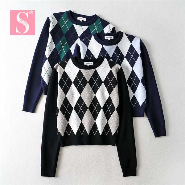stvy knitted retro diamond lattice women sweaters 2020 autumn fashion short style long sleeve pullovers female sweater, White;black 
stvy knitted retro diamond lattice women sweaters 2020 autumn fashion short style long sleeve pullovers female sweater, White;black