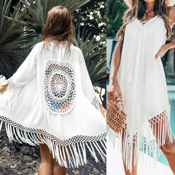 women's swimwear women cover-ups beachwear bikini hole solid tassel ladies dress sarong tunic long sleeve summer wear loose 2021, White;black
women's swimwear women cover-ups beachwear bikini hole solid tassel ladies dress sarong tunic long sleeve summer wear loose 2021, White;black