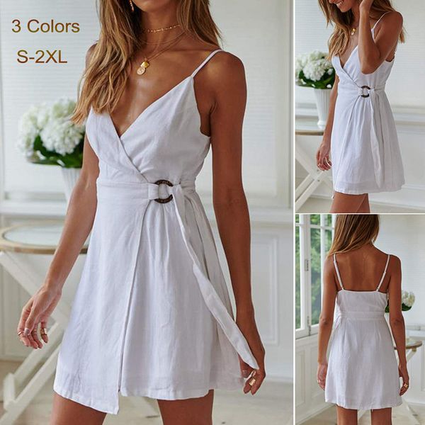 european and american cross-border selling womens solid color v-neck strap split button lace-up dress women, White;black
european and american cross-border selling womens solid color v-neck strap split button lace-up dress women, White;black