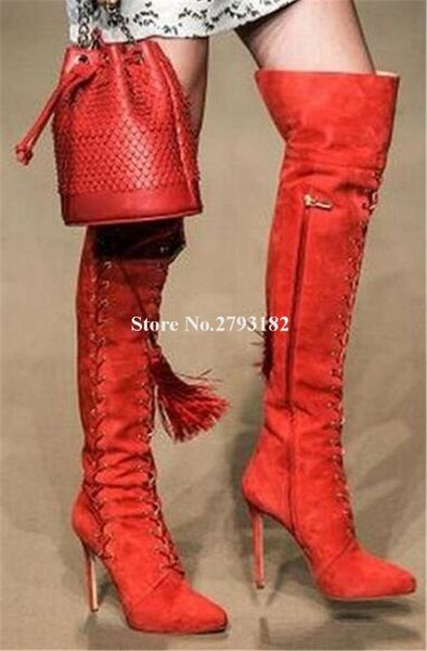 women elegant pointed toe suede leather tassels thin heel over knee boots lace-up straps long high heel boots club shoes, Black
women elegant pointed toe suede leather tassels thin heel over knee boots lace-up straps long high heel boots club shoes, Black