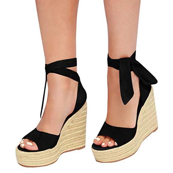 wedges shoes for womens fashion open toe wedges thick bottom lace-up beach shoes roman sandals high heels zapatos de mujer, Black 
wedges shoes for womens fashion open toe wedges thick bottom lace-up beach shoes roman sandals high heels zapatos de mujer, Black