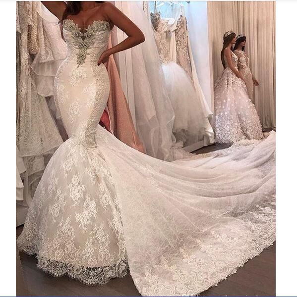 2020mermaid lace wedding dresses with sweetheart neckline beaded and detachable long lace train inspired by adrienne bailon's bridal go, White
2020mermaid lace wedding dresses with sweetheart neckline beaded and detachable long lace train inspired by adrienne bailon's bridal go, White