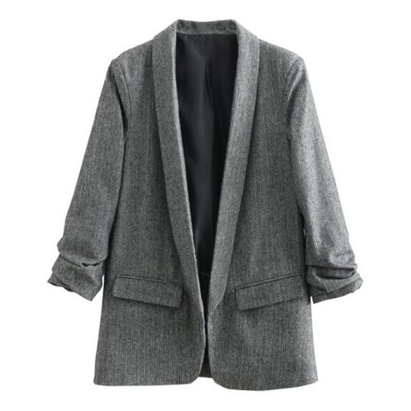2020 women retro twill wave striped blazer shawl collar ruched cuff mid long suit casual jacket loose coat outerwear, White;black
2020 women retro twill wave striped blazer shawl collar ruched cuff mid long suit casual jacket loose coat outerwear, White;black