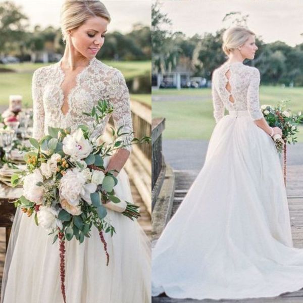 country lace tulle wedding dresses a line 3/4 long sleeve illusion boho beach bride dress deep v neck train bridal gowns, White
country lace tulle wedding dresses a line 3/4 long sleeve illusion boho beach bride dress deep v neck train bridal gowns, White