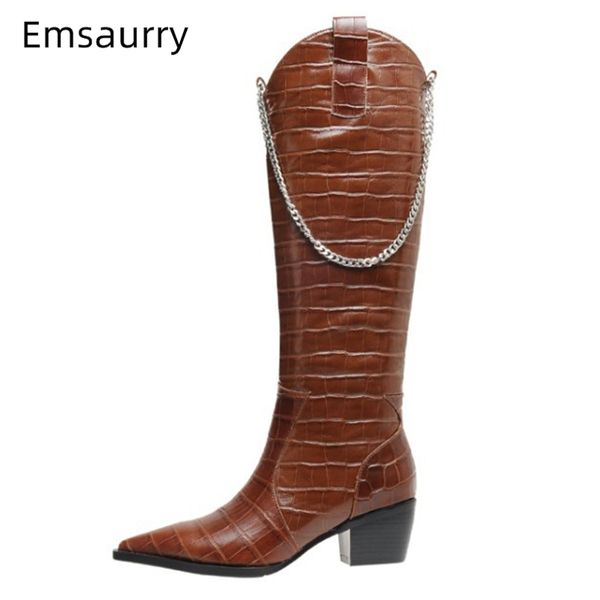 строка chian decor колено высокие сапоги женщин остроконечные toe квадратным каблуком камень зерна натуральной кожи осень зима boots женщина, Black 
строка chian decor колено высокие сапоги женщин остроконечные toe квадратным каблуком камень зерна натуральной кожи осень зима boots женщина, Black