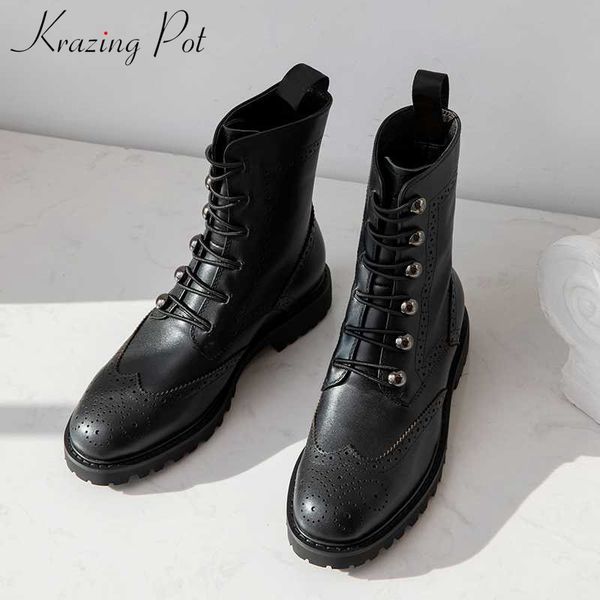 boots krazing pot metal decorations brogue carved genuine leather round toe low heels keep warm women lace up mid-calf l39, Black
boots krazing pot metal decorations brogue carved genuine leather round toe low heels keep warm women lace up mid-calf l39, Black