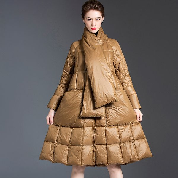 women's runway down coats o neck long sleeves white duck down overcoat outerwear winter coat with scarf, Black
women's runway down coats o neck long sleeves white duck down overcoat outerwear winter coat with scarf, Black