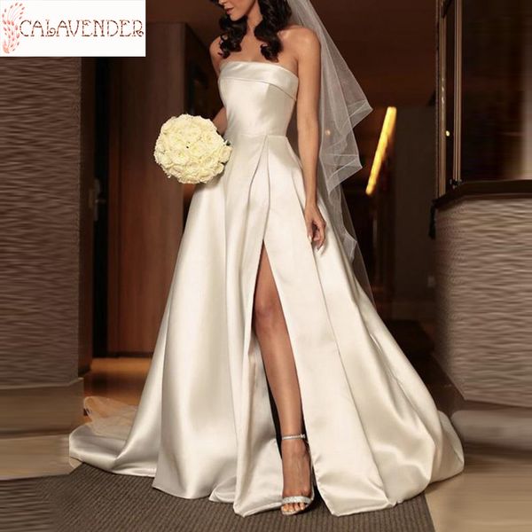 strapless satin wedding dresses a-line leg slit simple wedding gown covered buttons robe mariage, White
strapless satin wedding dresses a-line leg slit simple wedding gown covered buttons robe mariage, White