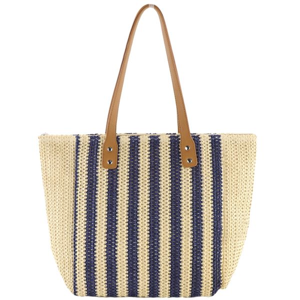 new paper rope striped straw bag fashion large capacity woven bag single room casual beach handbag blue