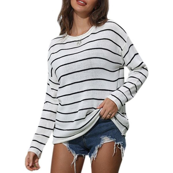 women long sleeve black white striped sweater o-neck loose pullover jumper f42f, White;black
women long sleeve black white striped sweater o-neck loose pullover jumper f42f, White;black