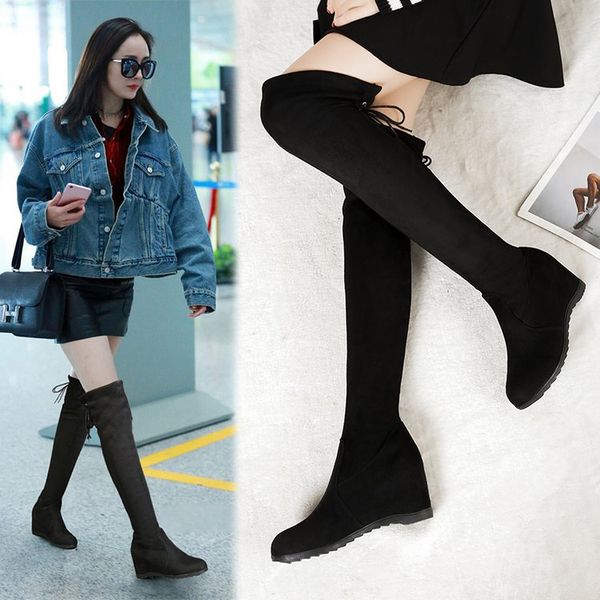 2020 new high heel slope and korean women's boots knee high boots show thin lace up non-slip lightweight, Black
2020 new high heel slope and korean women's boots knee high boots show thin lace up non-slip lightweight, Black