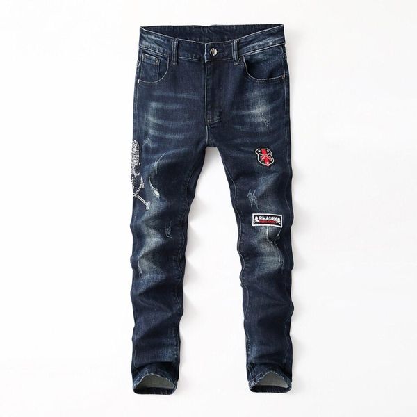 new arrival mens designer yellow mud jeans white stripe vintage style hole fashion slim motorcycle biker causal hip hop pants, Blue
new arrival mens designer yellow mud jeans white stripe vintage style hole fashion slim motorcycle biker causal hip hop pants, Blue