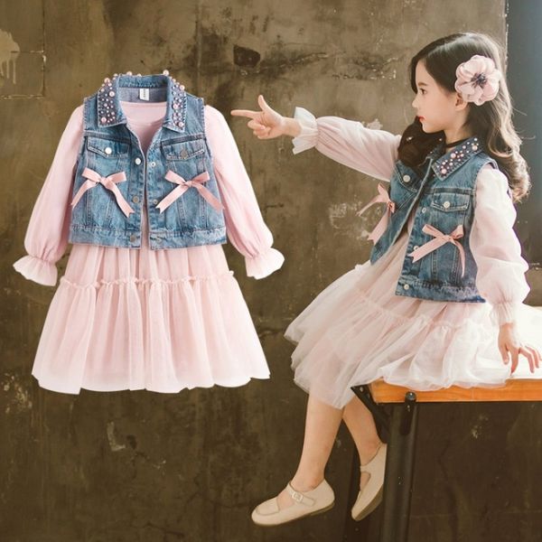 girls clothes suit pearl neck denim vest + mesh dress 2pcs girl set clothes teenage children clothing 6 8 10 12 13 14 year, Blue;gray
girls clothes suit pearl neck denim vest + mesh dress 2pcs girl set clothes teenage children clothing 6 8 10 12 13 14 year, Blue;gray