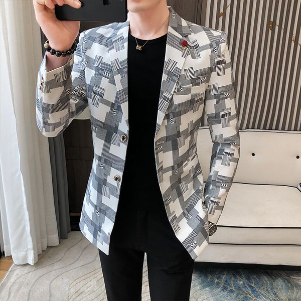 2020 men's casual printed suit youth new double buckle fashion blazer, White;black
2020 men's casual printed suit youth new double buckle fashion blazer, White;black