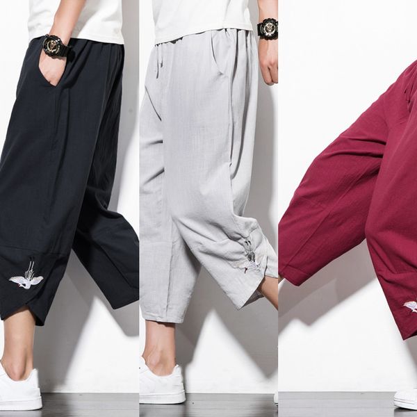 summer chinese style new men's cotton and linen seven points embroidered knicker casual casual pants fashion wide leg large size lanter, Blue
summer chinese style new men's cotton and linen seven points embroidered knicker casual casual pants fashion wide leg large size lanter, Blue
