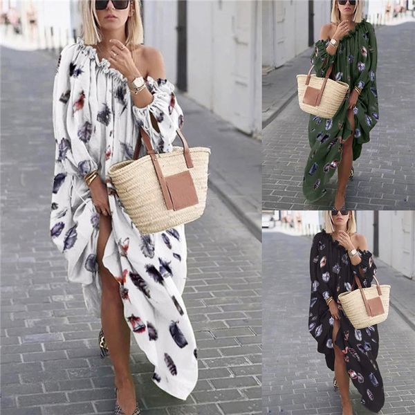 one shoulder womens dresses feather pattern asymmetrical maxi dress causal plus size 1/2 sleeve women designer clothing, Black;gray
one shoulder womens dresses feather pattern asymmetrical maxi dress causal plus size 1/2 sleeve women designer clothing, Black;gray