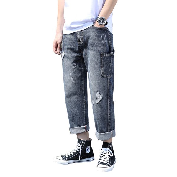 men casual jeans spring and summer new men washed distressed straight jeans male solid color ankle length pants denim pants, Blue
men casual jeans spring and summer new men washed distressed straight jeans male solid color ankle length pants denim pants, Blue