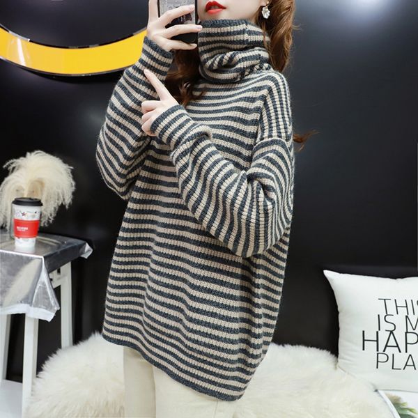 2019 new inner striped pile collar sweater pullover sweater women's high collar loose lazy style pullover autumn and winter knitted bot, White;black
2019 new inner striped pile collar sweater pullover sweater women's high collar loose lazy style pullover autumn and winter knitted bot, White;black