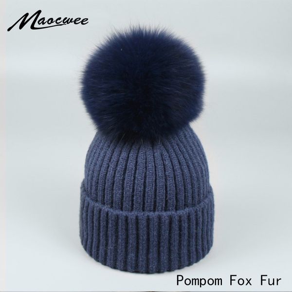 beanie/skull caps pompom hat female wool raccoon fur pom poms winter hats asymmetry knitted warm casual skullies beanies, Blue;gray