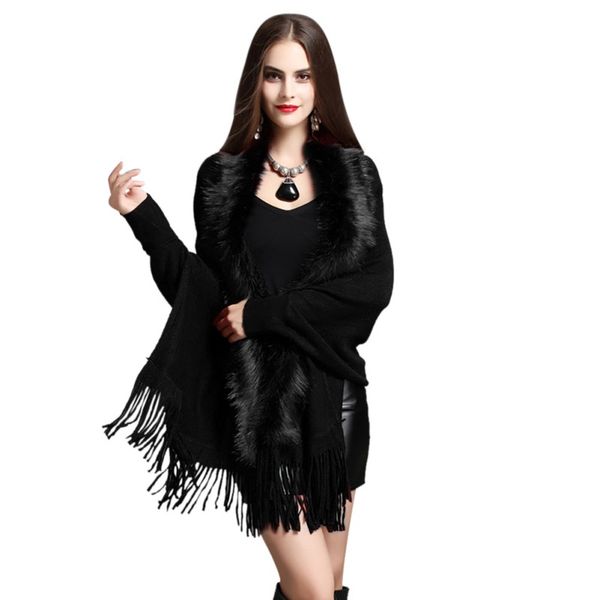 women's fake fur collar cashmere sweater fashion women long thick knitted tassel cardigan capes, Black
women's fake fur collar cashmere sweater fashion women long thick knitted tassel cardigan capes, Black