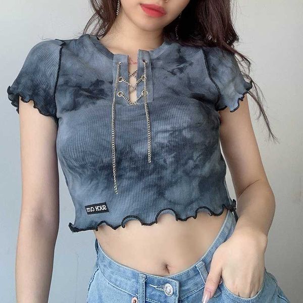 women's t-shirt summer girls short sleeve t-shirt, ladies personalized chain decoration random dyeing casual crop slim base shirt, White
women's t-shirt summer girls short sleeve t-shirt, ladies personalized chain decoration random dyeing casual crop slim base shirt, White