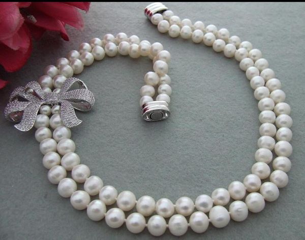 2row natural 9-10mm freshwater pearl cz connector necklace, Silver